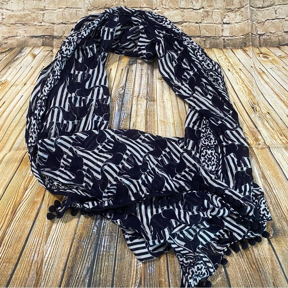Crown & Ivy Blue White Elephant Print Pom Pom Soft Viscose Scarf